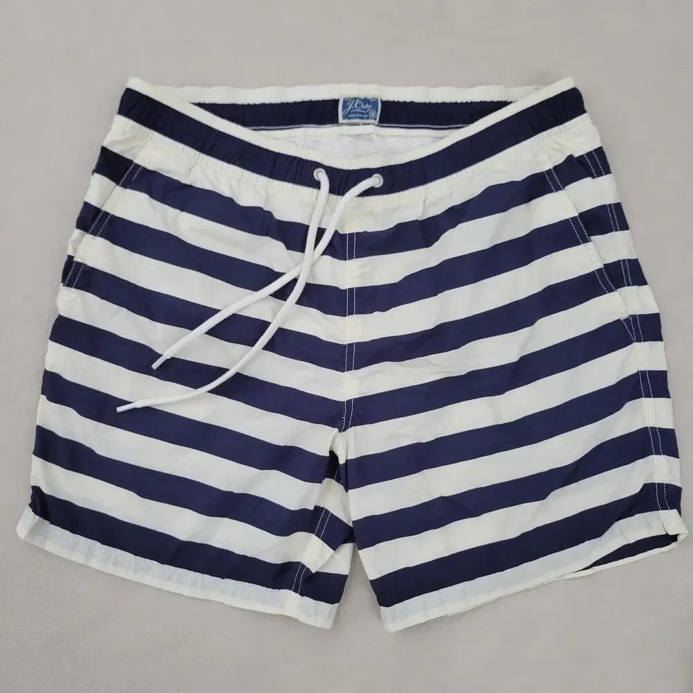 Lot (2) J Crew Swim Trunks Shorts Mens M Navy Blue Striped Mesh Lined Swimsuit